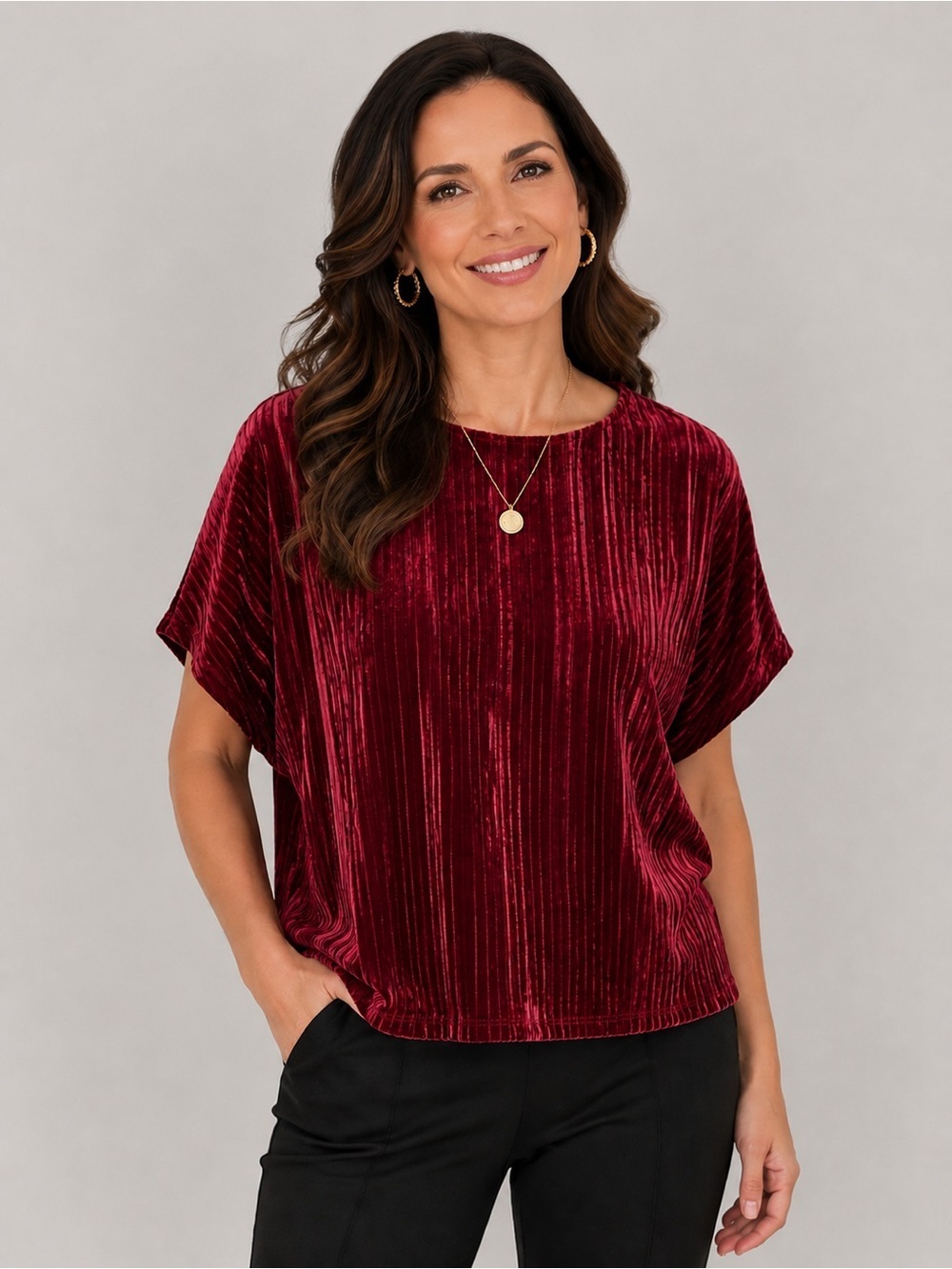 NWT Jones New York Signature Burgundy Crushed Velvet Pleated Dolman Top Medium